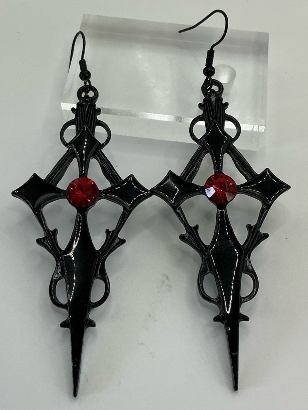 BLACK GOTHIC CROSS DROP EARRINGS WITH RED ACCENT